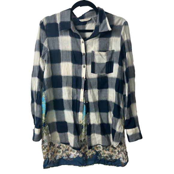 Soft Surroundings Tops - Soft Surroundings Size M Mixed Media Plaid Embroidered Floral Tunic Top LS D4